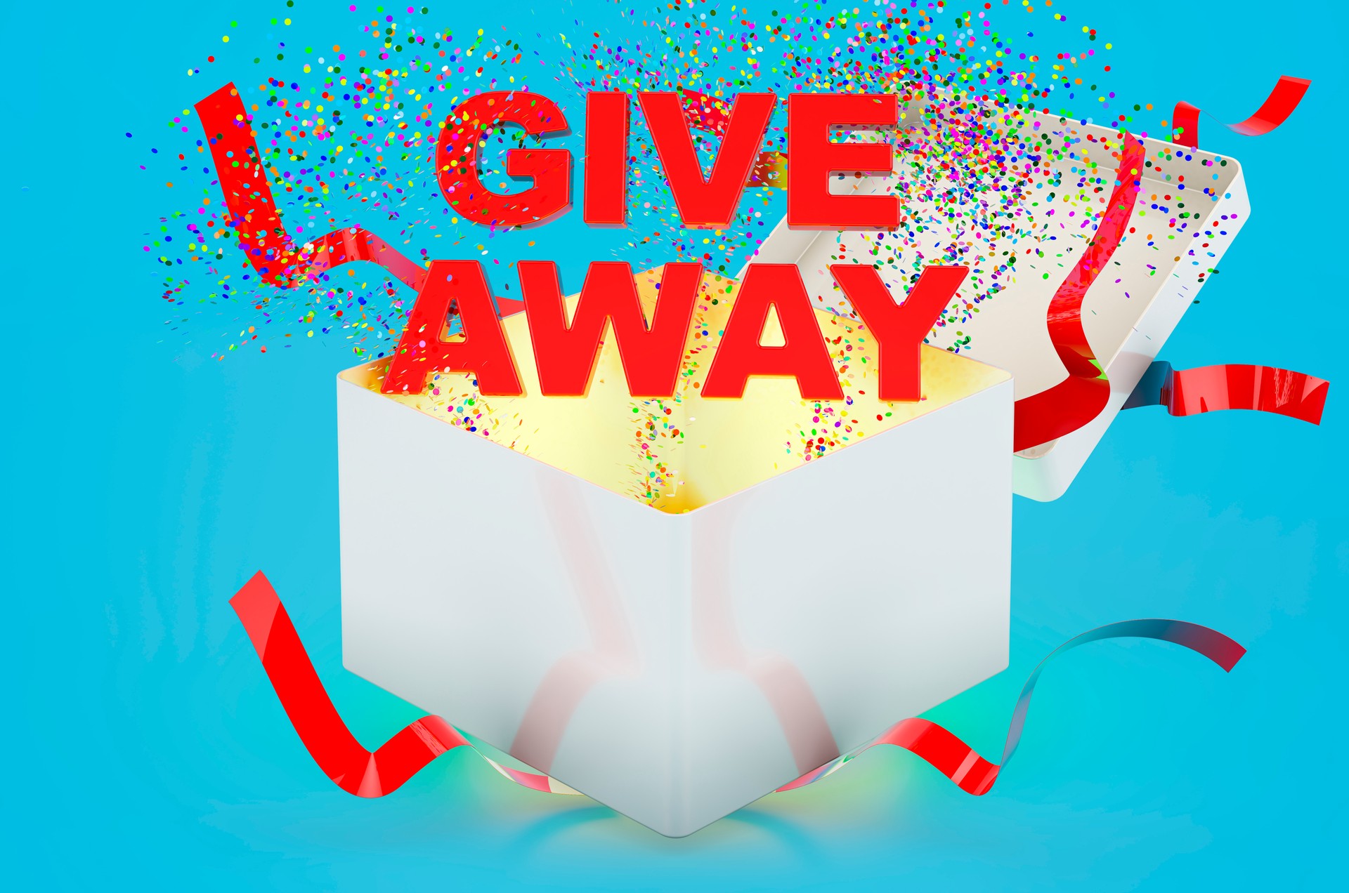 Giveaway concept, text inside gift box. 3D rendering on blue background